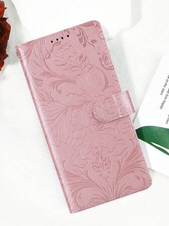 Portefeuille de téléphone en cuir PU imprimé de fleurs de couleur unie, conception à bords pliés avec fentes pour cartes et cordon, offre une protection complète pour divers modèles de smartphones, résistant à l'eau, aux chocs, aux chutes et aux rayures.