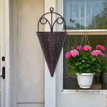Imitation Rattan Flower Basket Plastic Hanging Basket Kitchen Storage Wall Hanging Basket Flower Basket - Brown - View 8