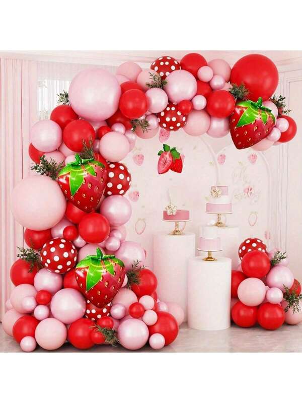 153 Stücke Erdbeere Ballon Bogen Set - Rote, Pink und Erdbeermuster Ballons für Geburtstag, Hochzeit, Jahrestag - Innen-/Außen Partydekorationen, Rückkehr in die Schule Feier Partyatmosphäre Ballon Set