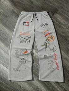 街头印花运动裤，休闲宽松直筒裤，英文涂鸦印花，舒适街头风格运动运动裤