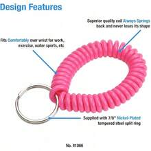 Bobina de muñeca en espiral de  de diámetro con llavero de acero, pulsera flexible, se estira hasta 30 cm, unisex, rosa adulto - Rosa Neón - Ver 3