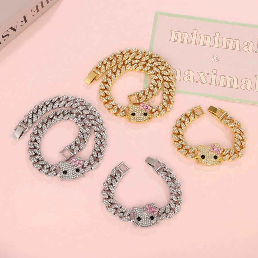 Sanrio 1 szt. Sanrio Hello Kitty Cartoon Błyszczące Pełne Kryształków Hip Hop Fajne Trójwymiarowe Hello Kitty Wisiorek Bransoletka Naszyjnik Biżuteria, Prezent Słodki Kot Fashionista Kubański Łańcuch Naszyjnik