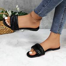 lunryet Women's Square Open Toe Slides Braided Woven Single Band Slip On Flat Sandals Tua-1 - Black - View 7