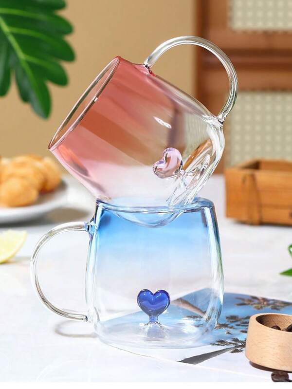 1 pièce Tasse en verre créative en forme de cœur de 420 ml, tasse à café dégradé, tasse à thé esthétique, tasse à eau en verre pour boissons chaudes et froides, tasse de petit-déjeuner mignonne, tasse à matcha, vaisselle unique pour la maison, le bureau et les voyages d'été, cadeau parfait pour l'anniversaire, la Saint-Valentin ou tout autre occasion pour les couples et les amis