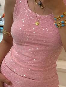 Womens Two Piece Summer Outfits Glitter Sequin Sleeveless Tank Tops and Mini Skirt Set Clubwear - Rosa - Ver 7