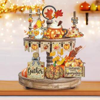 1/60 Sets Available, 13pcs/Set Thanksgiving Fall Wooden Tiered Tray Decorations For Autumn Holiday Thanksgiving Party Tabletop Decor,Rustic Hello Fall Gnome Pumpkin Harvest Mini Wooden Signs For Farmhouse Kitchen Table Decor(Without Tray)
