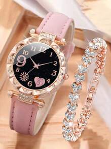 2pcs/1set Elegant And Fashionable Watch For Women PU Leather Watch Straps Bracelet With Rhinestones Classic Casual Multifunctional Fashion Style Best Gifts