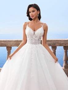 HEARBOBO 细肩带白色蕾丝贴花长裙网眼 A 字形婚纱新娘裙 - 白色 - 查看 5