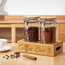 QY Coffee Canister Set With Shelf 2 X 50oz Coffee Bean Canister Storage Station Organizer With Airtight Lid For Kitchen Food Storage With Scoop For Ground Sugar Cereal And Tea 7547 - Brown - View 5