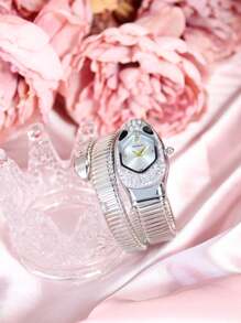 1pc Women's Gold Color Metal Band Snake Shape Quartz Wrist Watch, Suitable For Daily And Party Wear