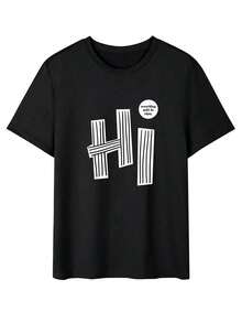 Men's T-Shirt With Letter Graphic, Round Neck, Short Sleeve, Casual - 黑色 - 查看 2