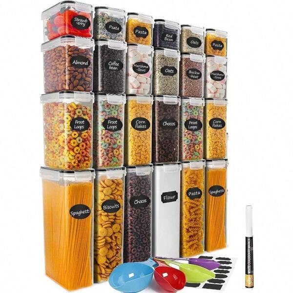 Juego Recipientes Herméticos para Almacenar Alimentos, Contenedores para Alimentos, Sin BPA, Organización de Cocina y Alacena Recipientes de Plástico, con Etiquetas y Marcador (24 Piezas)