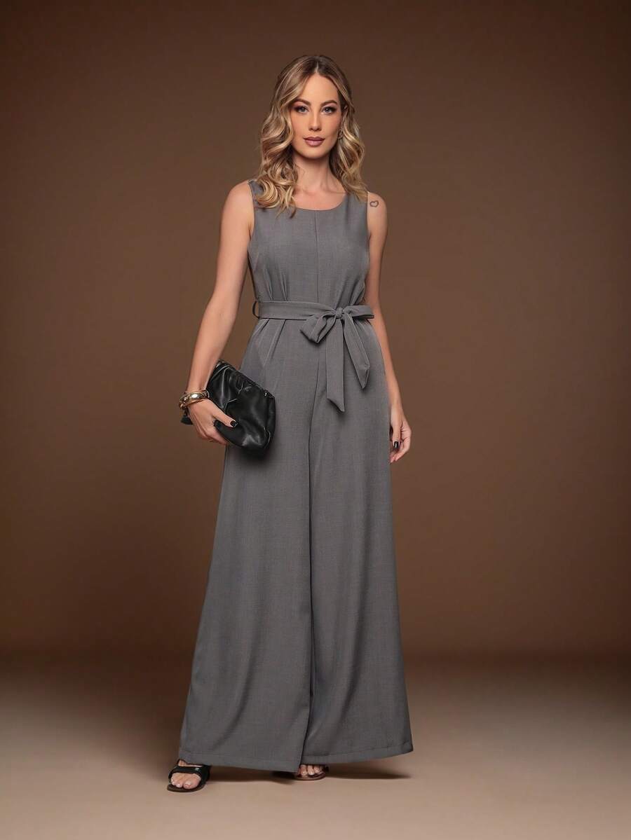 Female Fashion Jumpsuit Pantalona Elegant Tailored Wide Legs And Discreet Pockets Bandage - 深灰色 - 查看 1