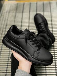 男士白色圆头系带运动鞋，轻便软底防滑厚底休闲鞋，春秋季 - 黑色 - 查看 3