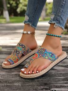 花卉印花波西米亚风格女式平底人字拖，百搭休闲户外 - 彩黃色 - 查看 5