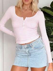 Áo thun dài tay cổ tròn kẻ sọc thời trang tối giản VIVINA dành cho nữ, thích hợp cho các hoạt động ngoài trời, mặc ngủ, dự tiệc, ngày Valentine, tụ họp tại nhà/trong nhà, trang phục mùa hè màu hồng. - Hồng - Xem 5