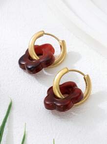1 Pair 18K Gold-Plated Stainless Steel Earrings With Detachable Round Pendant Decorated With Pink Floral Design. The Sweet And Feminine Design Is Perfect For Beach Vacations, Valentine's Day Wear, Or As A Mother's Day Gift For Mom.