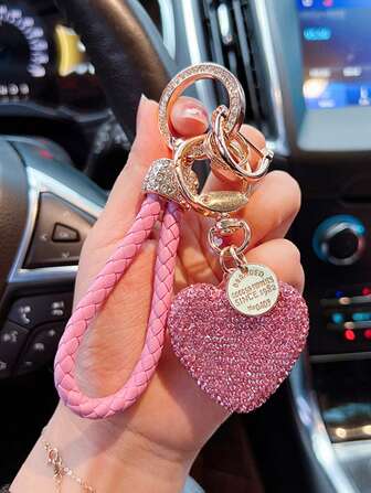 1pc Creative New Fashion Heart-Shaped Bag Charm Accessory, Rhinestone Keychain, Leather Cord Car Key Chain, For Bag Decoration, Daily Wear, Suitable As Gift For Family, Friends, Classmates, Valentine's Day, Birthday, Teacher, Souvenir