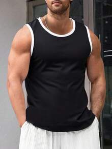 Men's Summer Contrast Color Sleeveless Tank Top, Suitable For Outdoor Casual Wear - Black - View 1