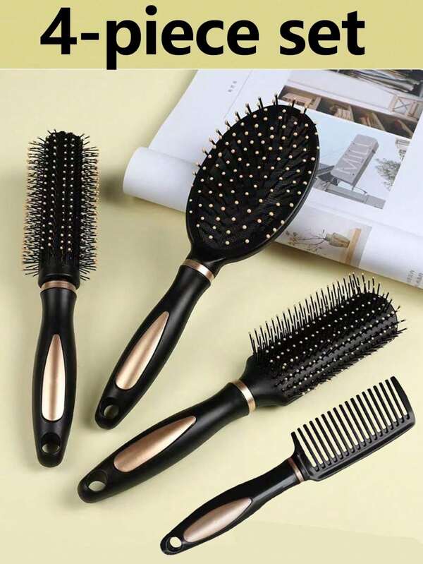 4pcs Comb Set - Styling Comb, Barber Comb, Curling Comb, Cushion Comb, Tail Comb, Massage Comb, Suitable For Thick/Curly/Long/Short Hair, Dry Or Wet Use, Anti-Static Plastic Bristles, Fit For Men And Women, Home Spa Hair Styling Tool