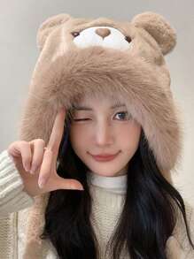 毛绒帽子女冬季新款可爱卡通熊毛绒加厚耳套保暖捕手帽，休闲波西米亚涤纶贴花帽，适合秋冬秋季服装蓬松