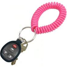 Bobina de muñeca en espiral de  de diámetro con llavero de acero, pulsera flexible, se estira hasta 30 cm, unisex, rosa adulto - Rosa Neón - Ver 4