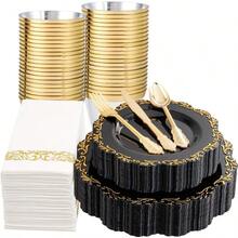 175PCS Black And Gold Plates And Cutlery Include Dinner Plates Dessert Plates 75 Gold Plastic Silverware Cups And Napkins For Party And Halloween - Black&Gold - View 1