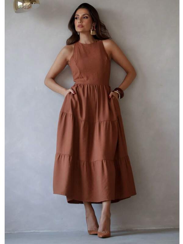 Vestido Feminino Marrom Elegante Alfaiataria sem Manga Tres marias Rodado com Babado Vestido Marrom