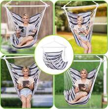 Backyard Expressions Striped Hammock Chair Hanging Rope Swing Chair, Anti Slip Steel Spreader Bar - màu đen - Xem 6