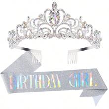 2 Pieces/Set Baroque Rhinestone Birthday Princess Belt Birthday Queen Crown Tiara Rhinestone Birthday Headband Birthday Ribbon Pearl Pin Happy Birthday Crown And Belt Birthday Party Party Decoration Bridal Headpiece Adds A Touch Of Elegance To Your Party Decoration Party Supplies Ribbon
