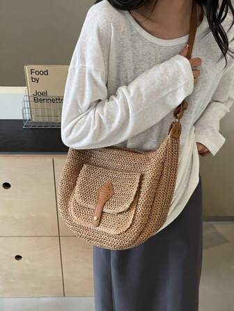 1 件时尚复古大容量编织包，海滩度假草编单肩斜挎包，配皮革肩带，适合女性旅行、海滩、日常购物，是送给母亲的绝佳礼物