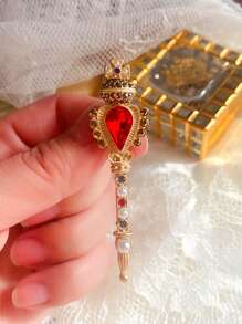 Vintage Baroque Colorful Crystal Pearl Brooch Pin, Gemstone Hollow Geometric Rectangle Brooch, Retro Baroque Crown Red Ruby Crystal Magic Wand Brooch, Fashion
