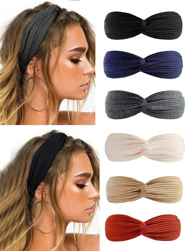 6pcs Set Solid Color Twisted Headbands, Elastic Hairband Hair Accessories For Women And Girls Turban Headband Sweatband