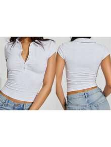 Women T-Shirt, Short Sleeve Button Closure Solid Slim Fit Summer Tops Streetwear For Casual Daily - Màu Xám nhạt - Xem 10