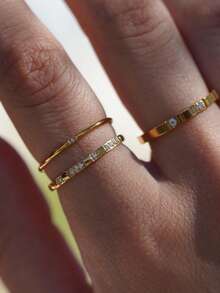 3pcs/Set Minimalist Stainless Steel High Color Retention Low Allergic Women's Rings With Cubic Zirconia, Jewelry Gift Suitable For Daily Wear - Gold - View 8