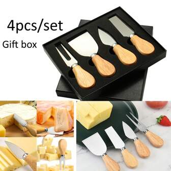 Set de 4 piezas, empaquetado en caja de regalo: Cuchillos de queso de acero inoxidable con mangos de madera, cuchillos para crema, cuchillos para pizza, herramientas de horneado, utensilios de cocina y accesorios de cocina.