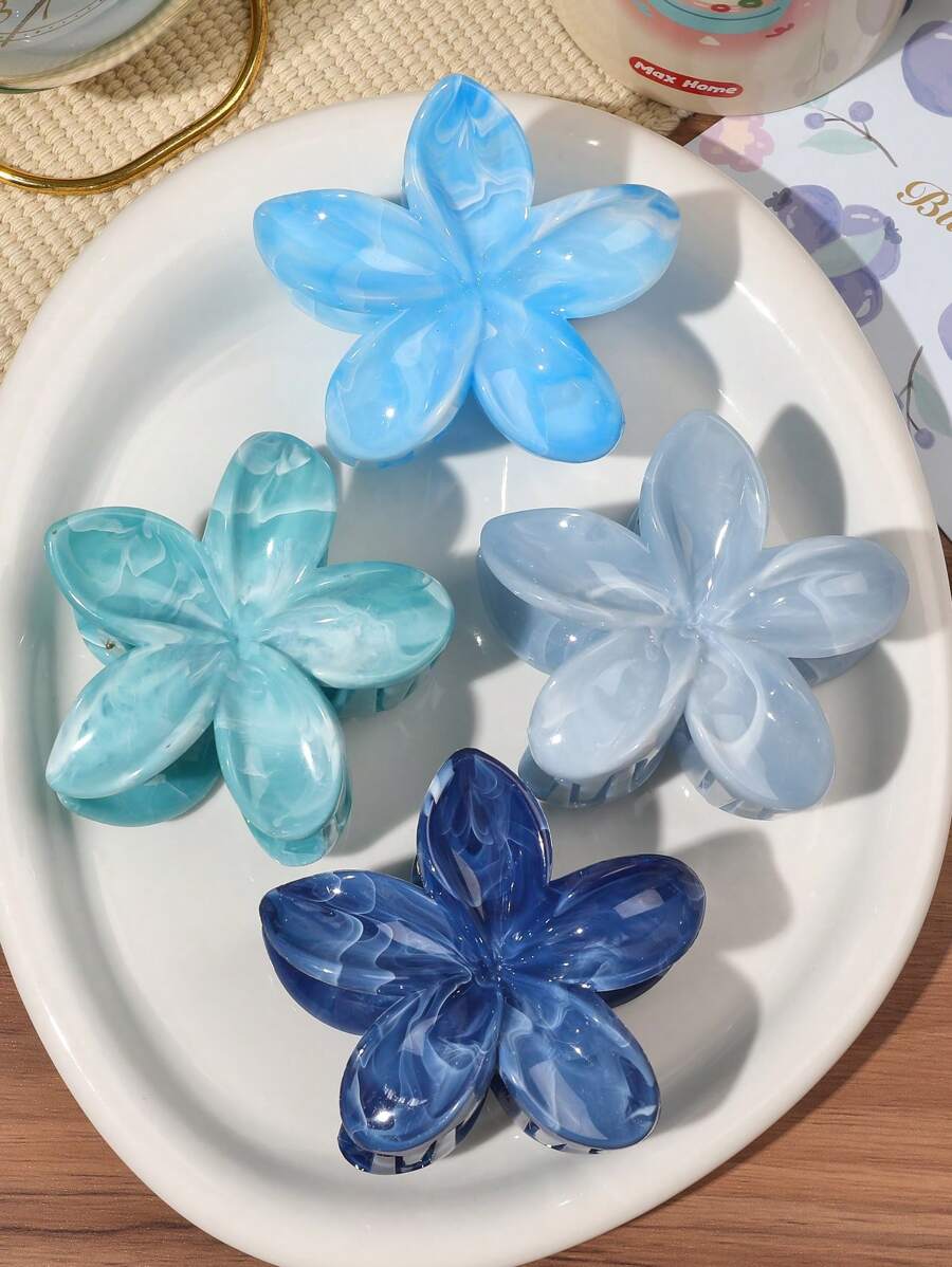 Set de 4 pinzas para el cabello con estilo Mori boho dulce de color azul claro con estampado de flores y mármol, accesorios de playa, accesorios de moda para el cabello, pinzas con forma de flor, para looks casuales de vacaciones para mujer en primavera/verano e invierno