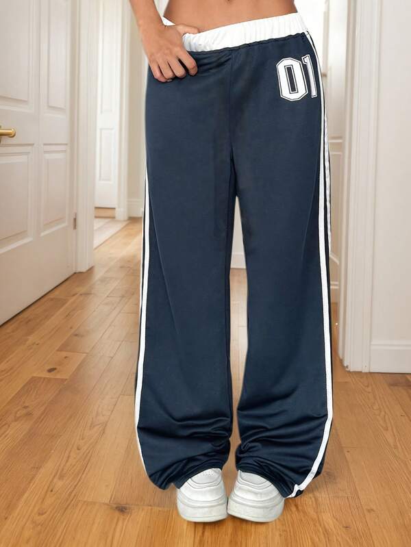 Teen GirlPatchwork Waistband Straight Leg Casual Sports Pants