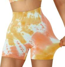 Seamless High Waisted Booty Shorts For Workout - 3" Yellow Tie Dye - View 5