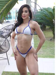 Sexy Tanning Bikini With Adjustable Thin Strap And Thong - White With Blue - View 2
