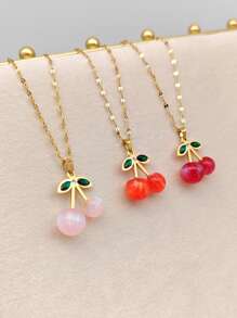 1 pièce Pendentif en acier inoxydable avec cerise rouge et zirconium, collier simple et polyvalent, cadeau pour femme