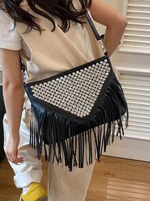 Bolso bandolera vintage de moda, bolso de hombro estilo bohemio, bolso cuadrado con borlas y remaches para decoración transversal, bolso informal de mensajería casual para viajes y uso diario, bolso de trabajo portátil tipo satchel, bolso bandolera pequeño con flecos.