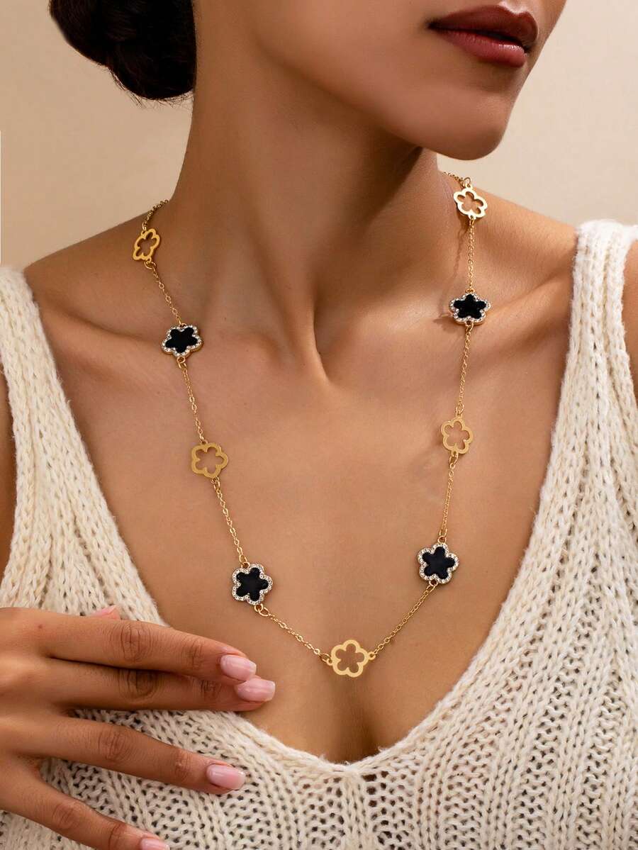 1 chiếc vòng cổ áo len đính hoa cỏ ba lá đen bằng thủy tinh, phụ kiện thời trang thanh lịch tối giản, thích hợp làm quà tặng, tiệc tùng và mặc hàng ngày - màu đen - Xem 1