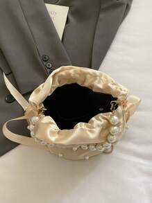 1 件女士尼龙手提包，带珍珠装饰，时尚抽绳水桶单肩斜挎包