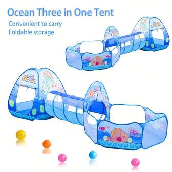3pcs Kids Ocean Theme Ball Pit Tunnel+Fence+Tent, Foldable Indoor Home Use Playset With Basketball Hoop