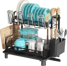 Dish Drying Rack, 2 Tier Large Stainless Steel Sink Dish Rack For Kitchen Counter, Drying Rack With Cups Holder, Utensil Holder And Drainboard Set, Dish Strainer Shelf For Kitchen, Black - Black - View 1