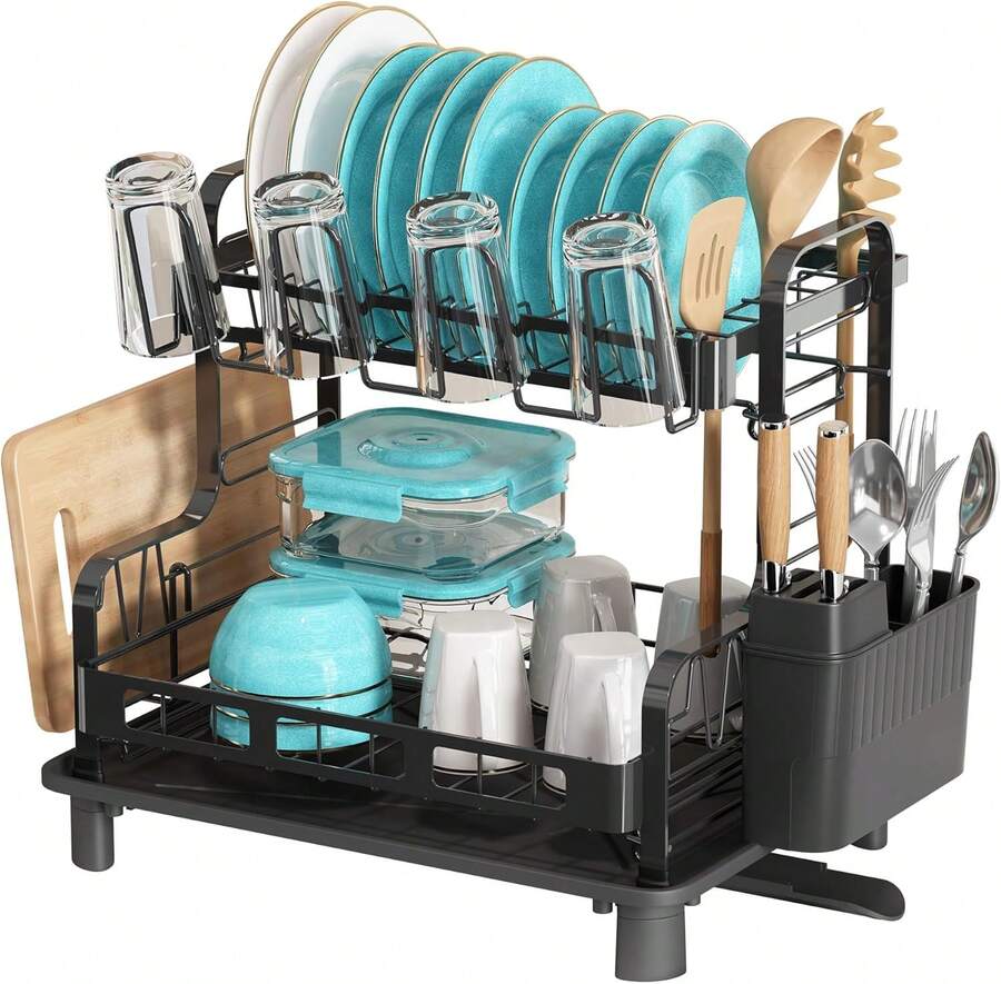 Dish Drying Rack, 2 Tier Large Stainless Steel Sink Dish Rack For Kitchen Counter, Drying Rack With Cups Holder, Utensil Holder And Drainboard Set, Dish Strainer Shelf For Kitchen, Black - Black - View 1