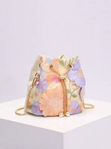 1pc Colorful PVC Floral Embroidered Mesh Sequined Pearl Decor Bucket Bag, New Resort Style Shoulder/Crossbody Bag, Fashion & Versatile (Floral Pattern Randomly Sent) - Beige - View 5