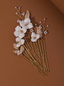 6朵手工软陶花，配以金叶和仿珍珠装饰，多功能休闲时尚新娘发夹头饰情人节配饰