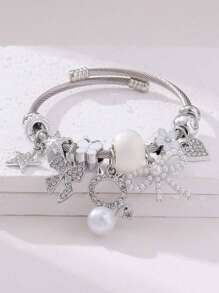 1 Stück elegante Strass Perlen Charme Katze Schleifen Perlen Anhänger Edelstahl Armband, geeignet als dekoratives Accessoire für Damen zu Banketten und Partys, Geschenk zum Valentinstag